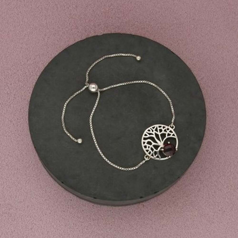 Sterling Silver Red Garnet Tree Of Life Bolo Box Chain Bracelet Size Adjustable